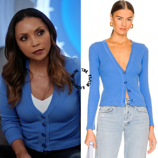 Cecile Horton: Blue V-Neck Cardigan – The Flash Fashion Blog